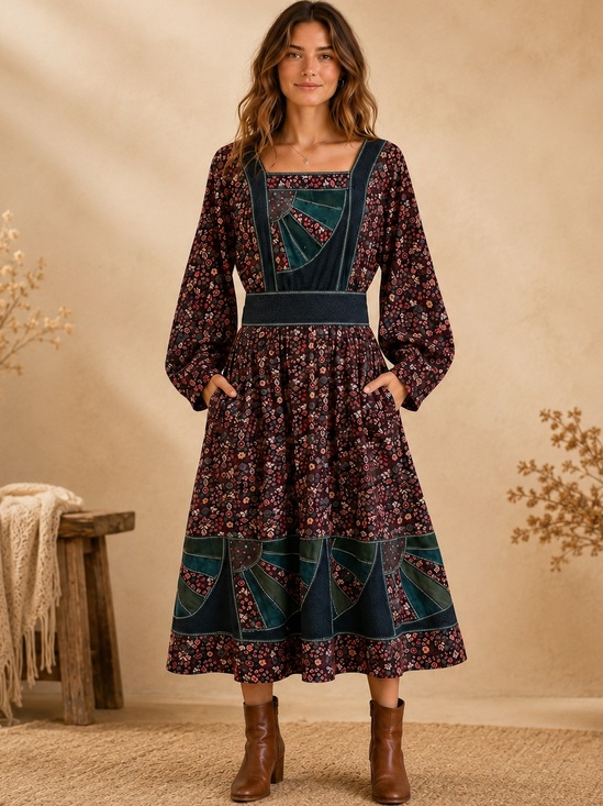 Suttles & Seawinds Dresses & Skirts - Suttles & Seawinds Vintage Cotton Patchwork Midi Dress Boho